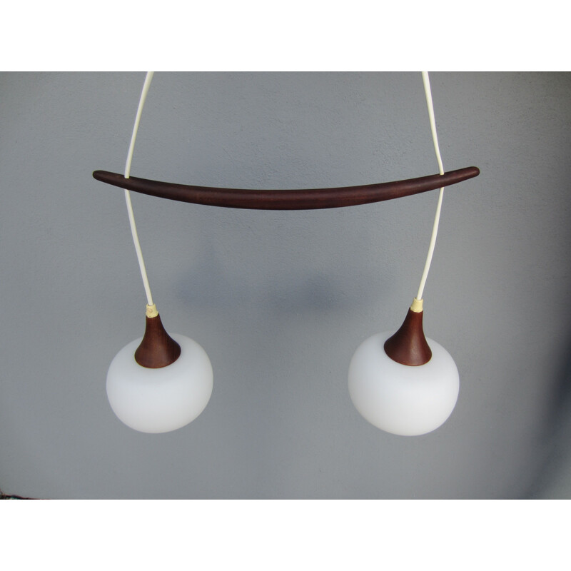 Scandinavian vintage teak and opal glass hanging lamp