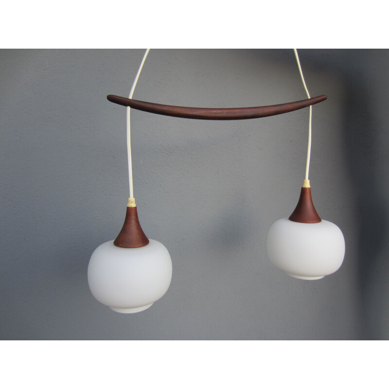 Scandinavian vintage teak and opal glass hanging lamp