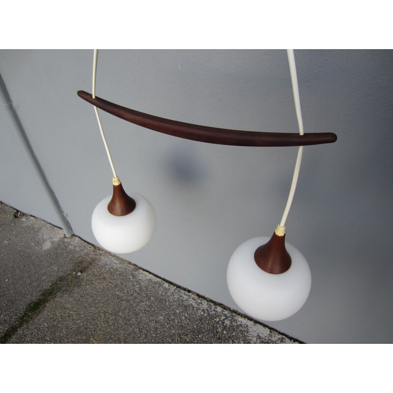 Scandinavian vintage teak and opal glass hanging lamp