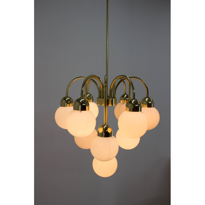 Vintage Large 10 Flamming Brass Chandelier by Kamenicky Senov, 1970