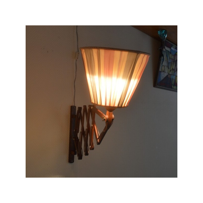 Wrinkled wall lamp in teak and cloth - 1960s