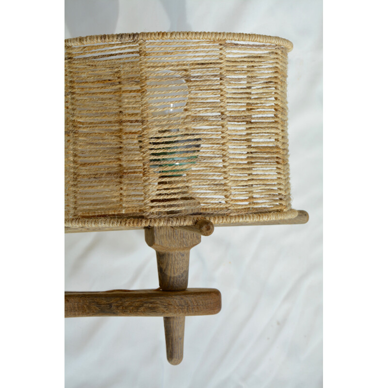 Hanging lamp in oak and rope, R GUILLERME & J CHAMBRON - 1950s