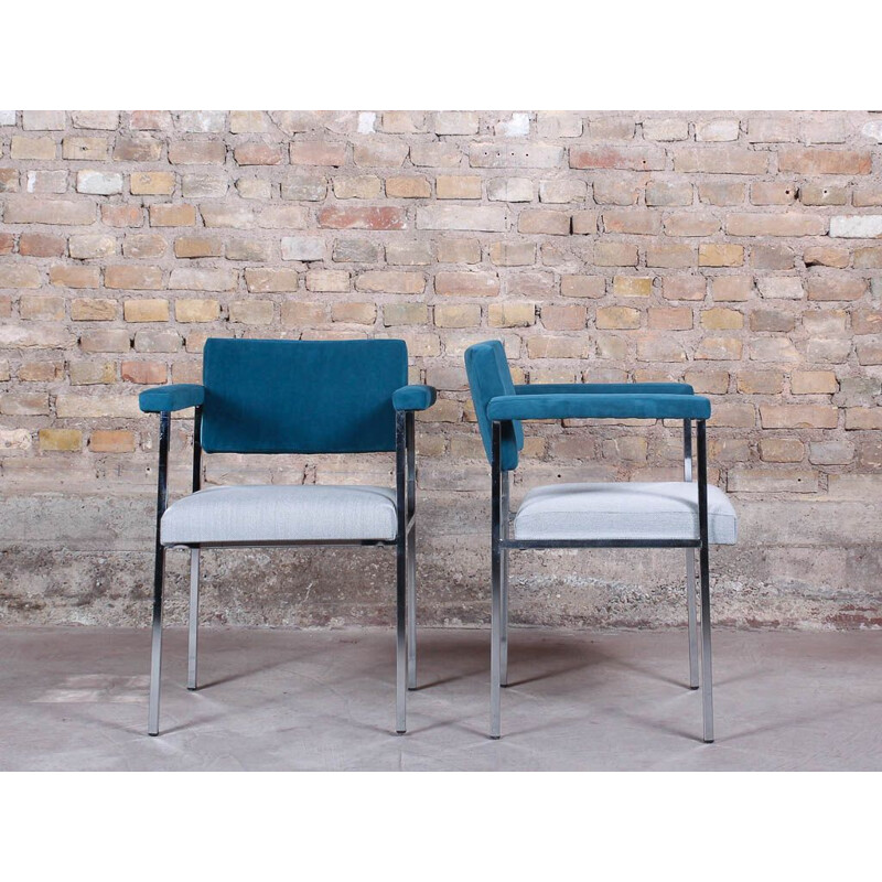 Pair of vintage armchairs with Kvadrat fabric armrests and chromed frame