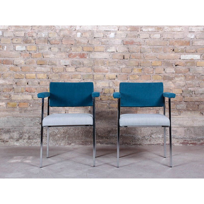 Pair of vintage armchairs with Kvadrat fabric armrests and chromed frame