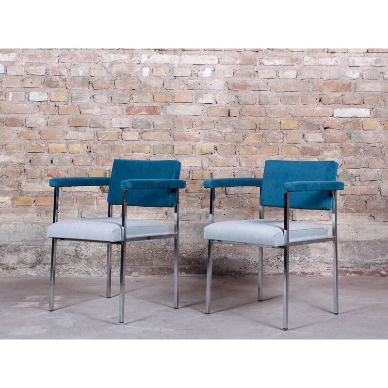 Pair of vintage armchairs with Kvadrat fabric armrests and chromed frame