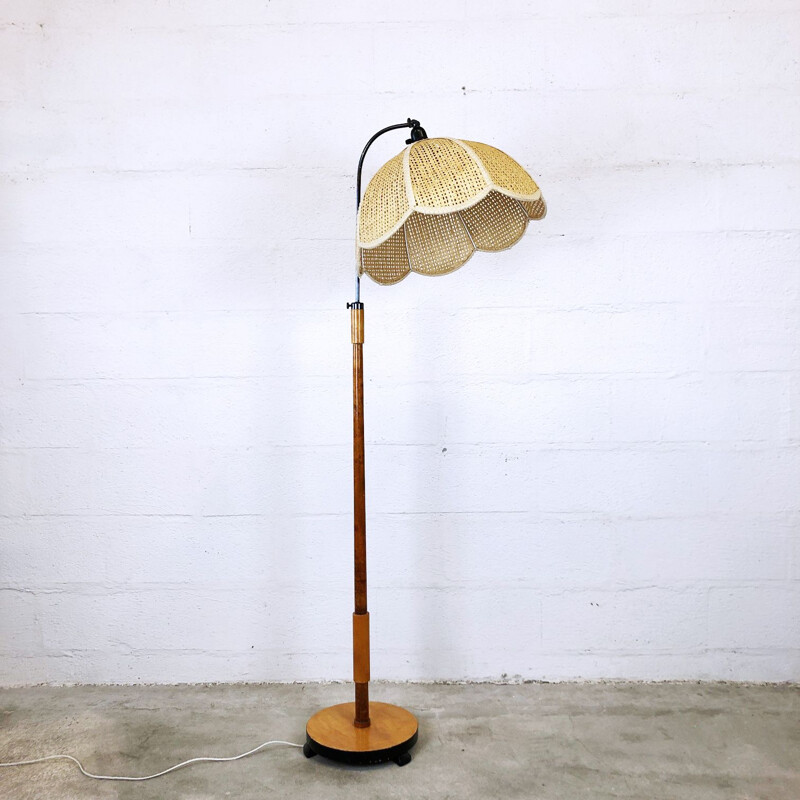 Lampadaire vintage en cannage et bois