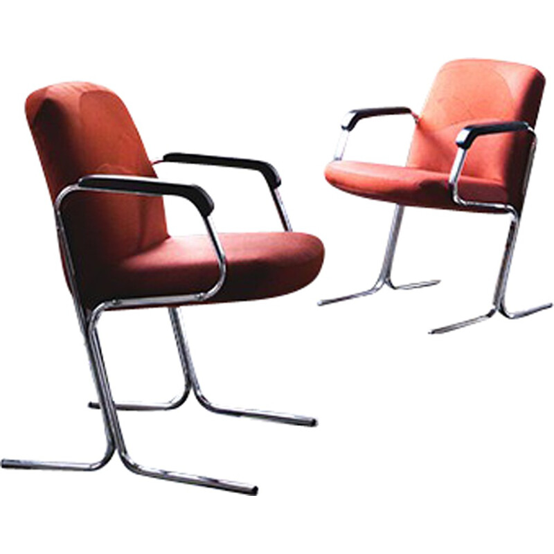 Pair of armchairs in chromium, metal and wool flannel - 1970s