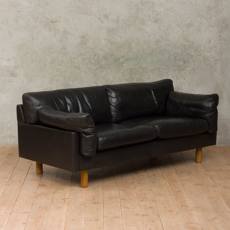 Vintage Scandinavian black leather sofa