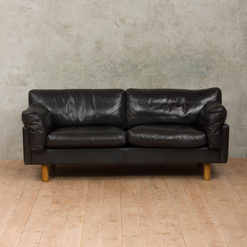 Vintage Scandinavian black leather sofa