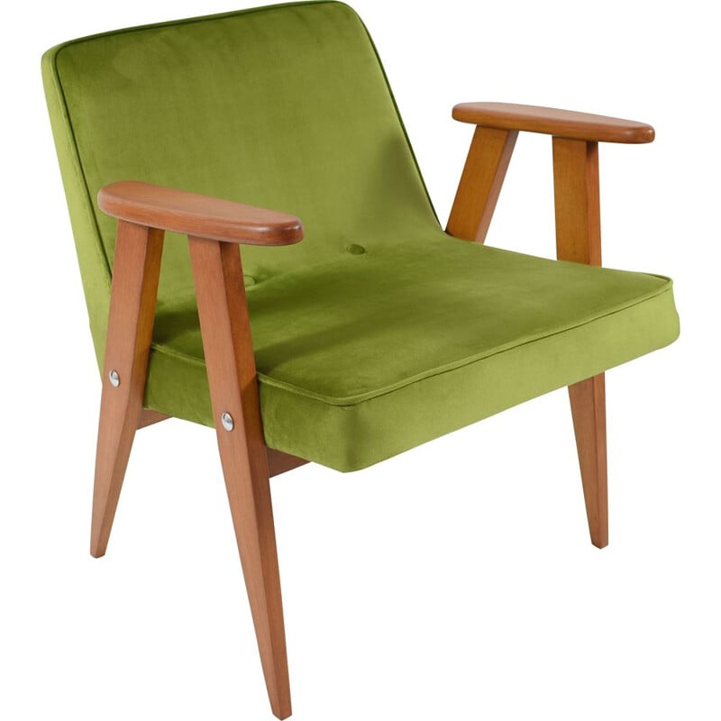 Vintage groene fluwelen fauteuil 366 van J. Chierowski 1960