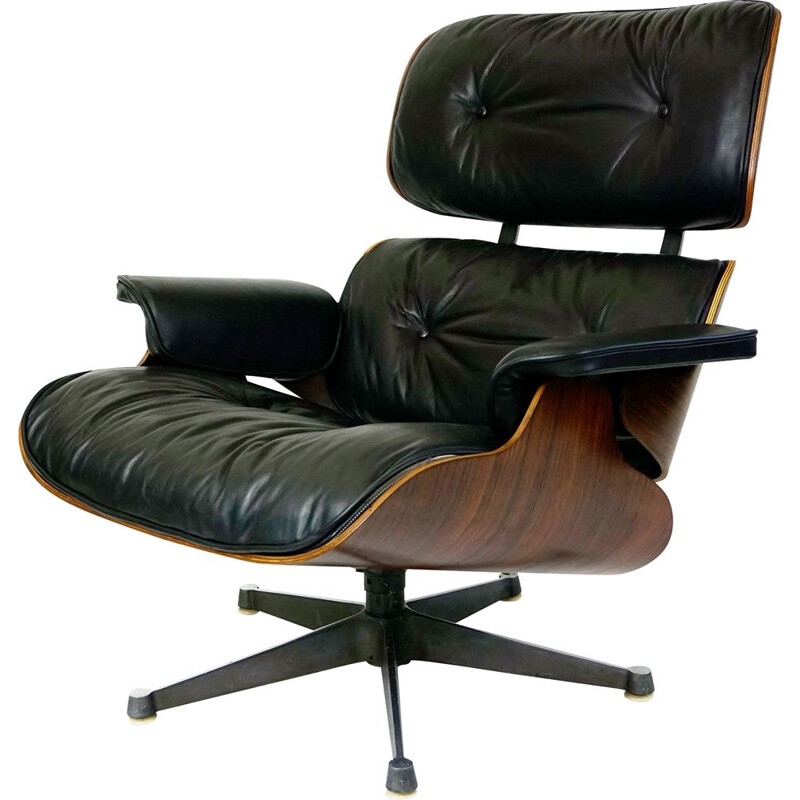 Chaise longue vintage en bois de rose et cuir noir Charles Eames par ICF pour Herman Miller