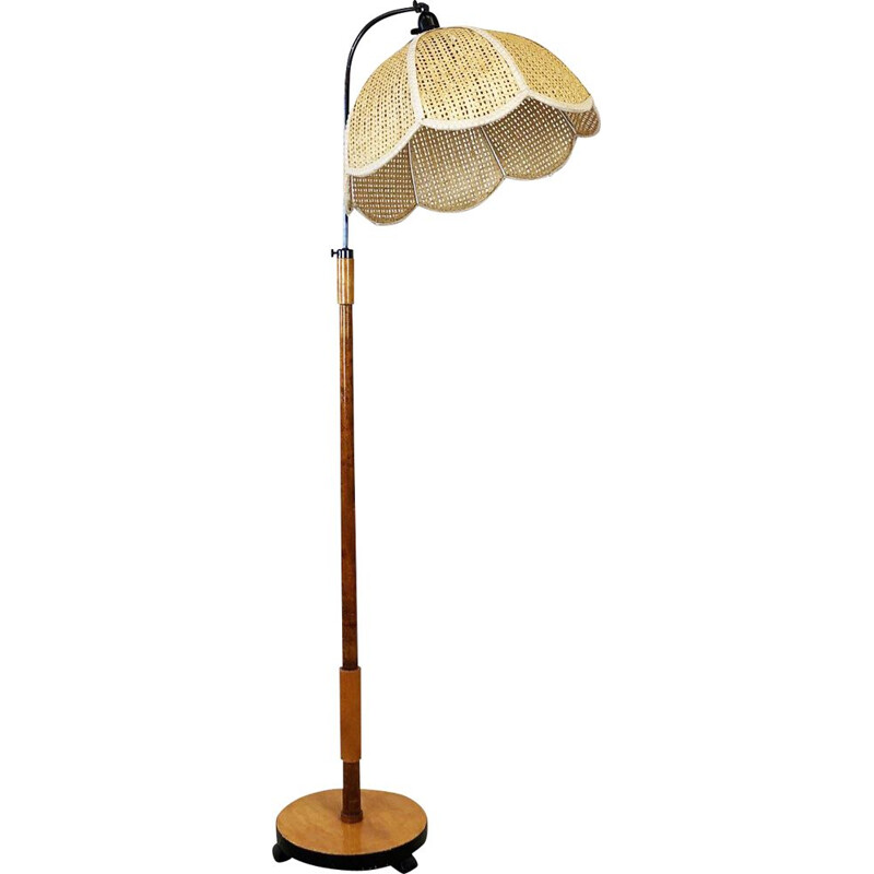 Lampadaire vintage en cannage et bois