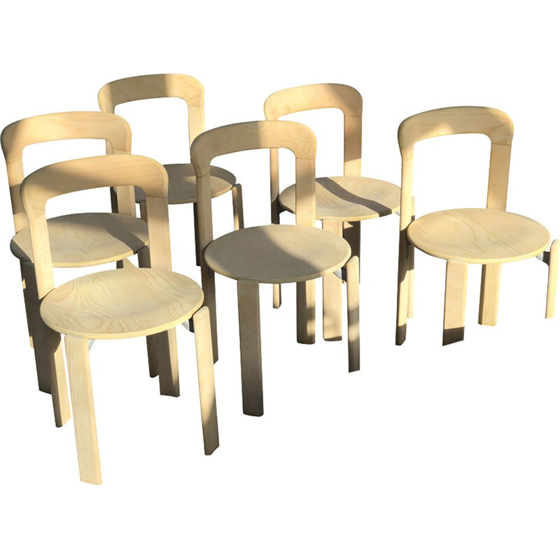 Suite of 6 vintage chairs by Bruno Rey Dietiker Mobilier International Natural 1970 