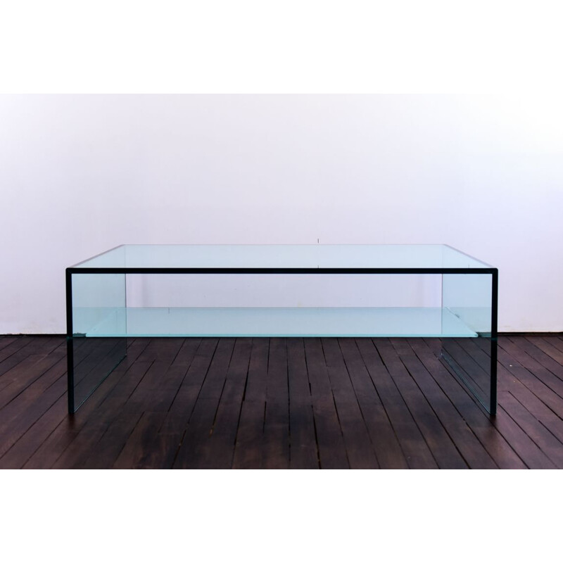 Vintage coffee table in glass with shelf in frosted glass