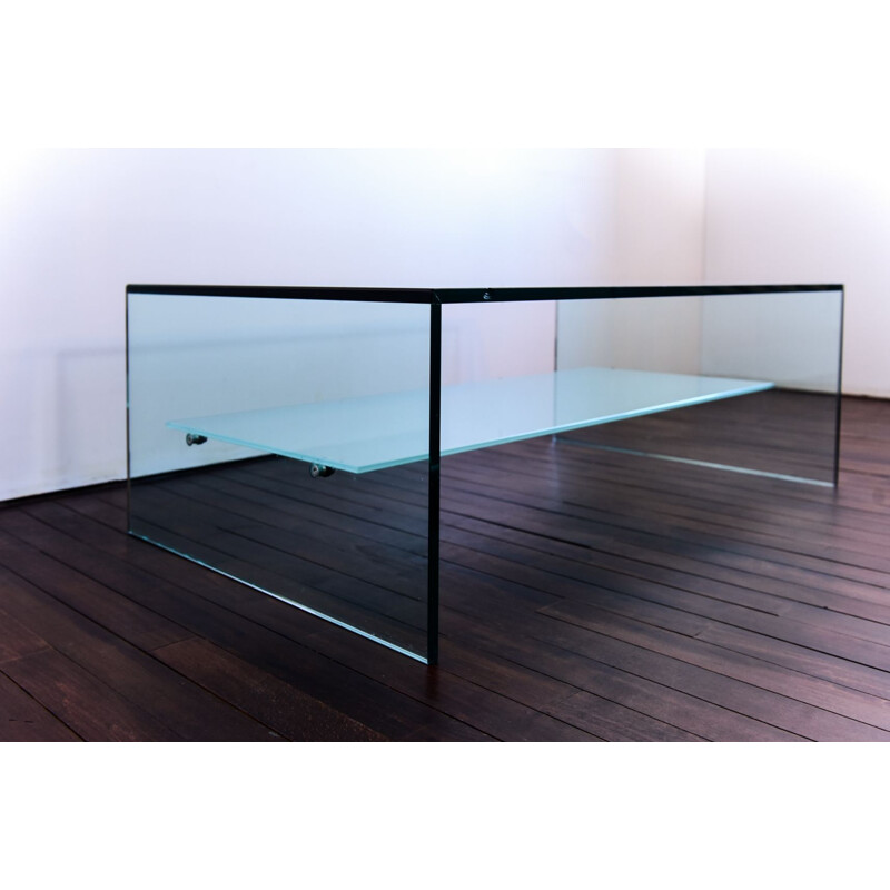 Table basse vintage en verre avec étagère en verre dépoli
