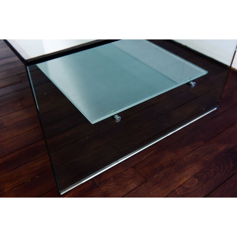 Vintage coffee table in glass with shelf in frosted glass