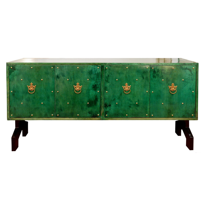 Vintage sideboard parchment imitation in green color by Aldo Tura, Italy, 1970