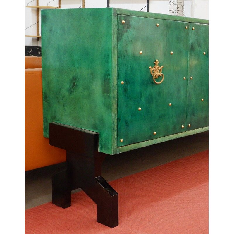 Vintage sideboard parchment imitation in green color by Aldo Tura, Italy, 1970