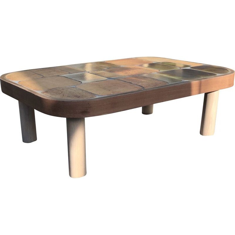 Roger Capron coffee table model Shogun ceramic top and natural oak legs 1960