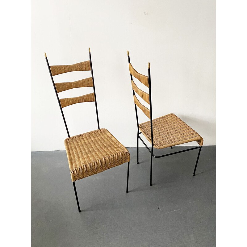 Pair of vintage basketwork high back chairs with black painted metal frame, France, 1950