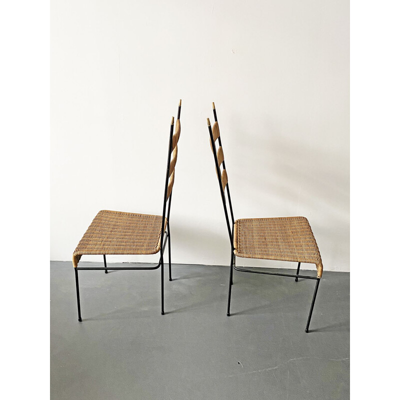 Pair of vintage basketwork high back chairs with black painted metal frame, France, 1950