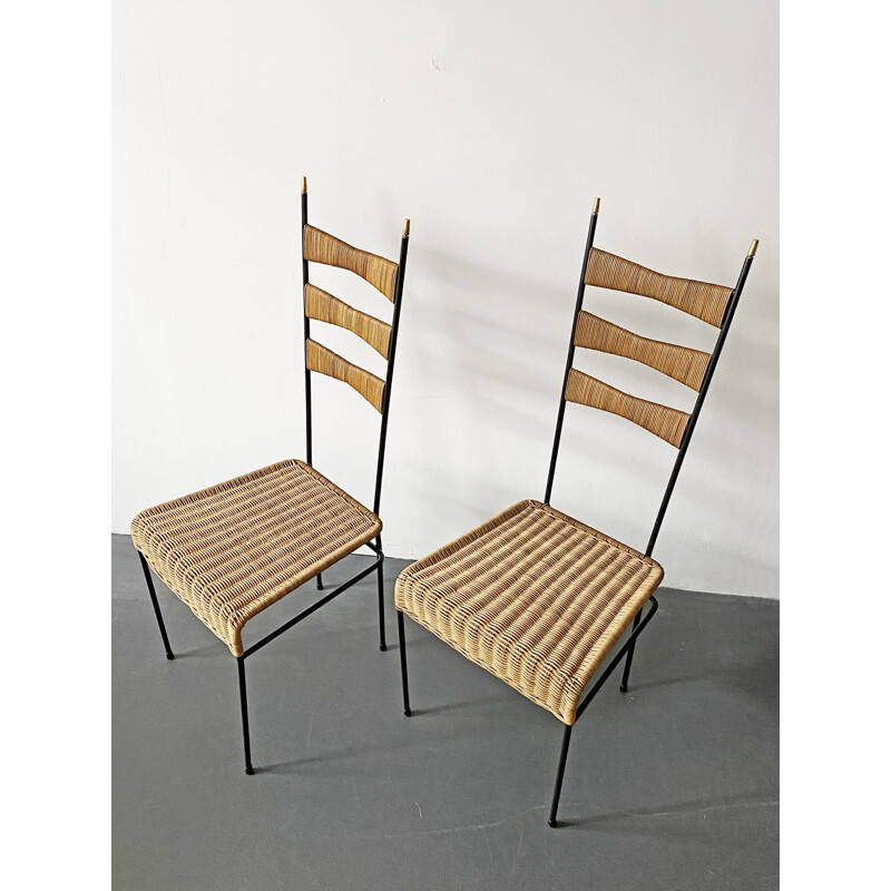 Pair of vintage basketwork high back chairs with black painted metal frame, France, 1950