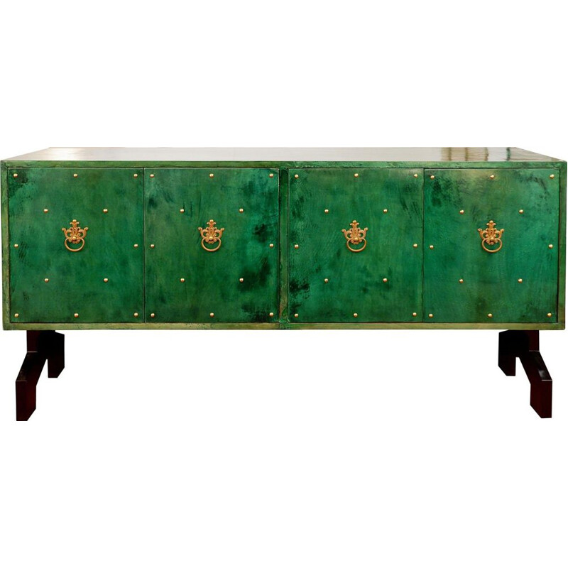 Vintage sideboard parchment imitation in green color by Aldo Tura, Italy, 1970