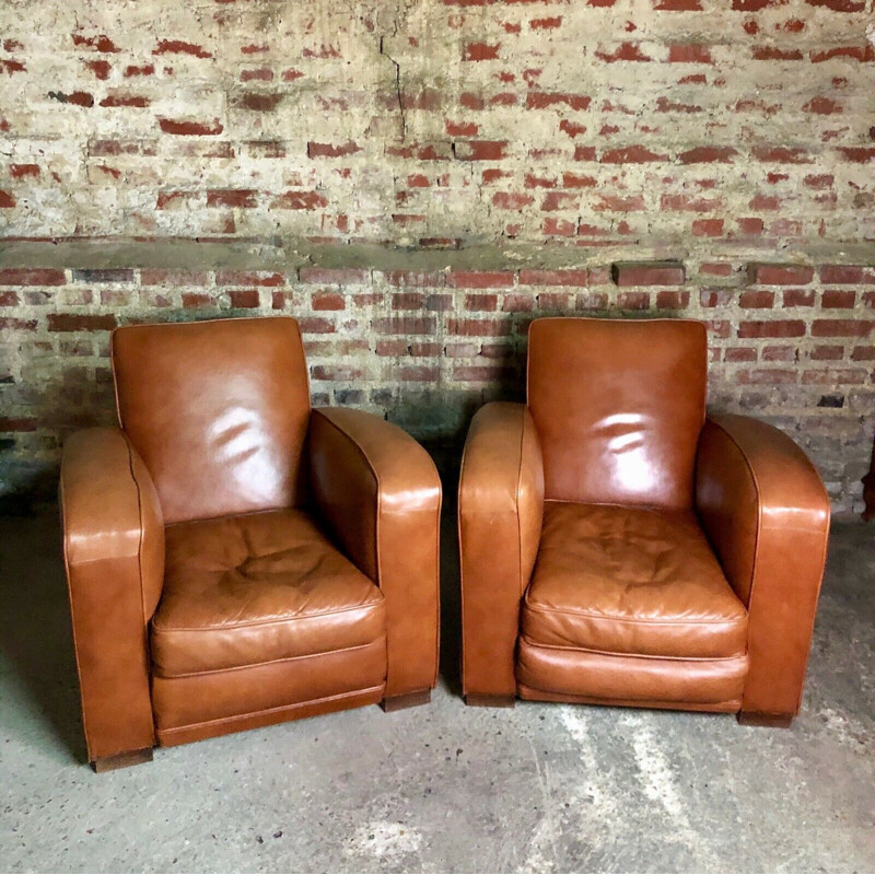 Pair of vintage club armchairs in camel leather, 1970