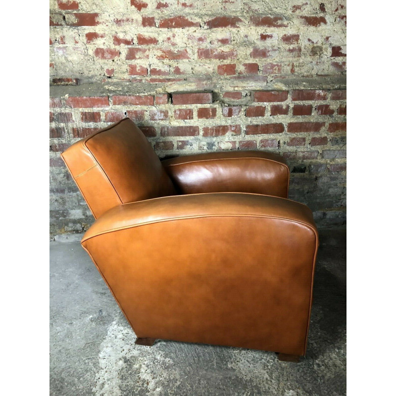 Pair of vintage club armchairs in camel leather, 1970
