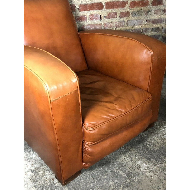 Pair of vintage club armchairs in camel leather, 1970