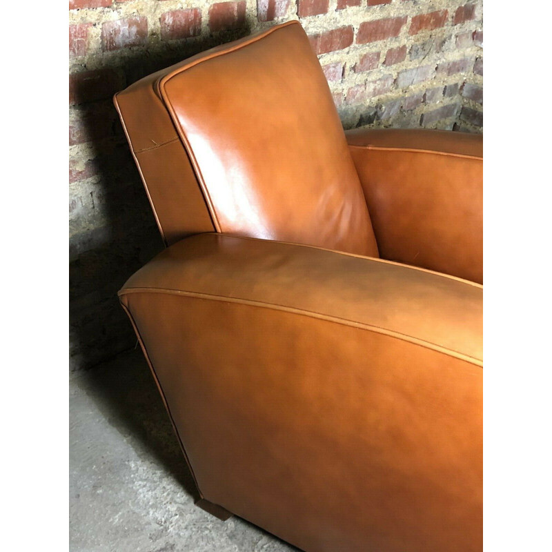 Pair of vintage club armchairs in camel leather, 1970