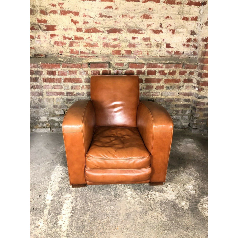 Pair of vintage club armchairs in camel leather, 1970