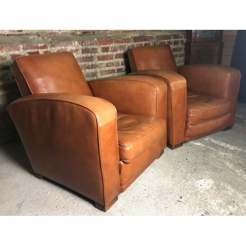 Pair of vintage club armchairs in camel leather, 1970