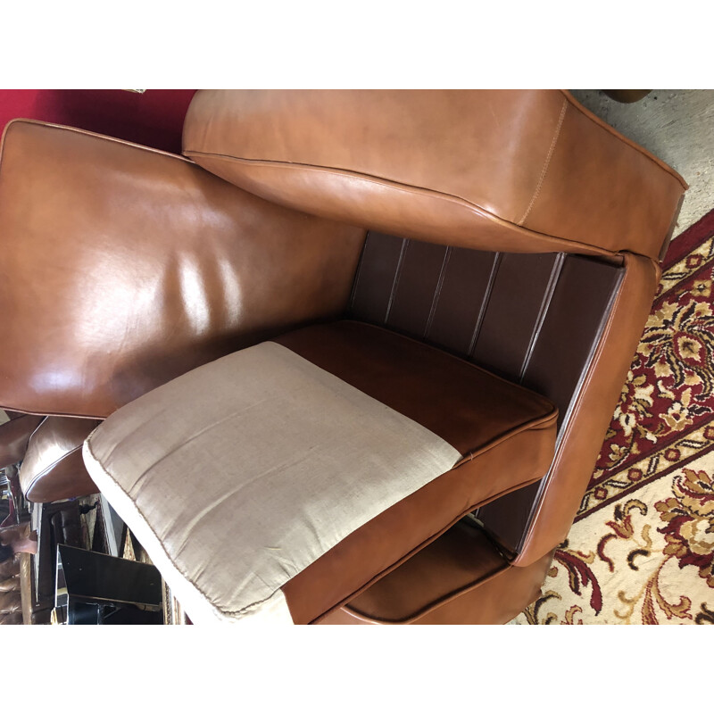 Pair of vintage club armchairs in camel leather, 1970