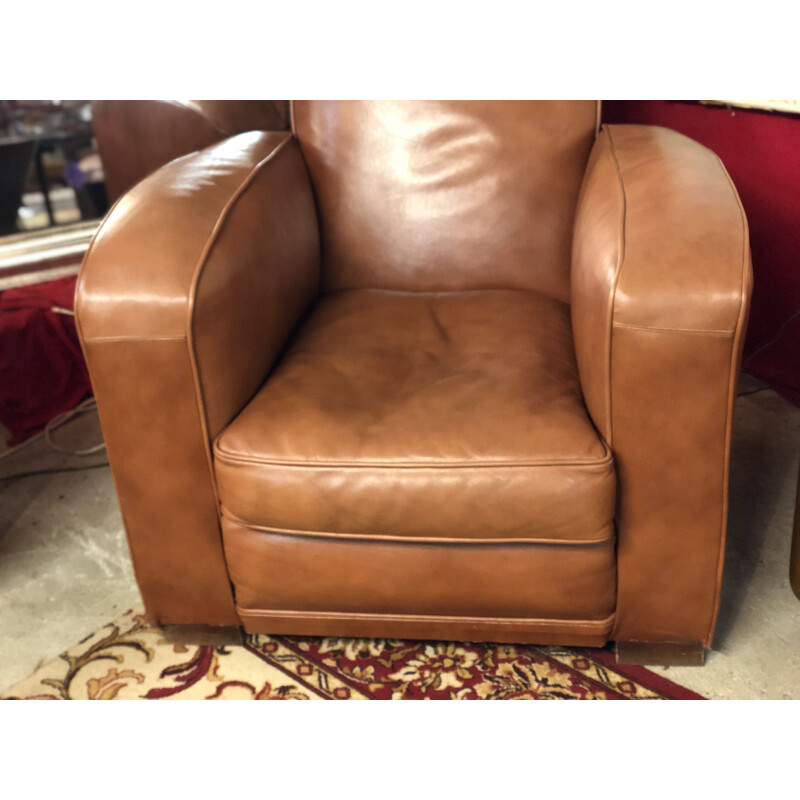 Paire de fauteuils club vintage en cuir camel, 1970