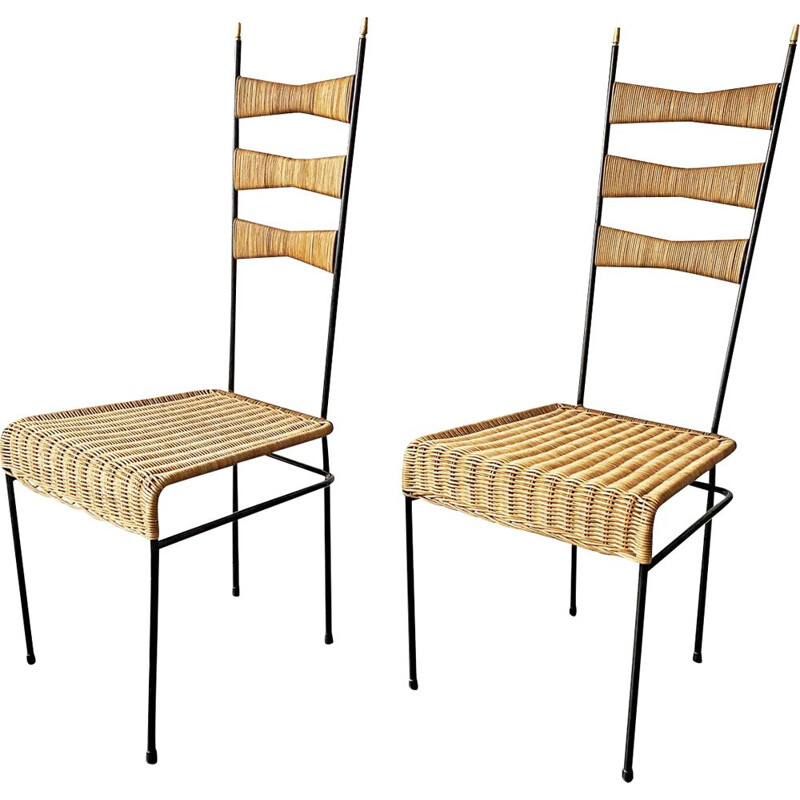 Pair of vintage basketwork high back chairs with black painted metal frame, France, 1950