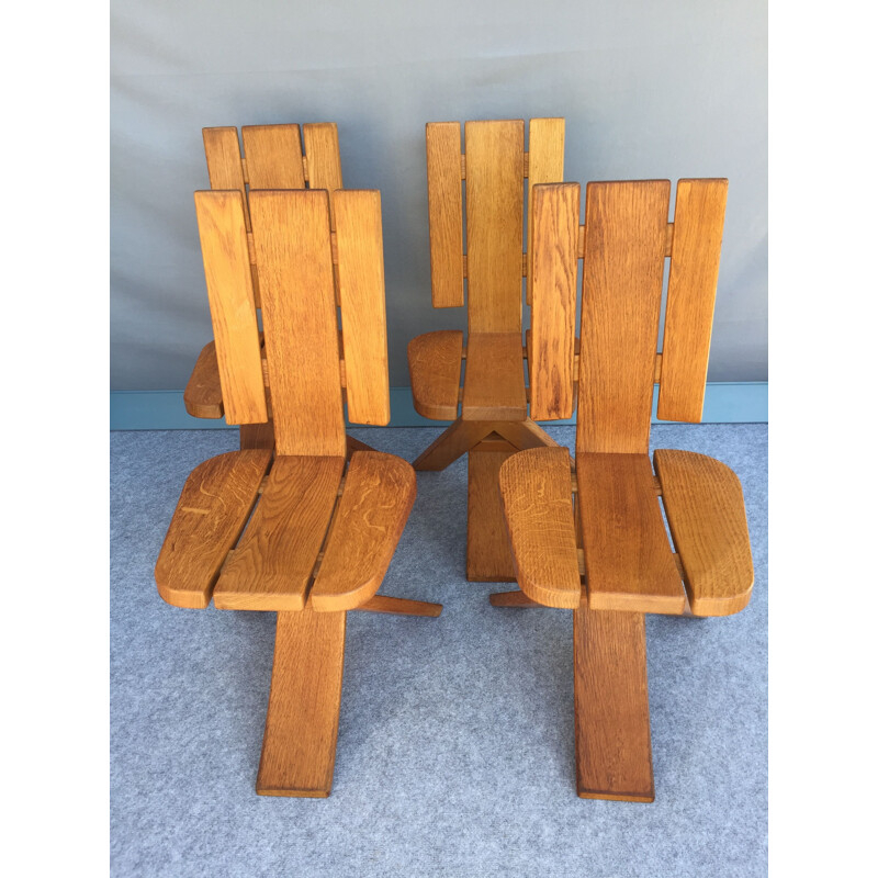 Set of 4 vintage elm chairs with tripod base