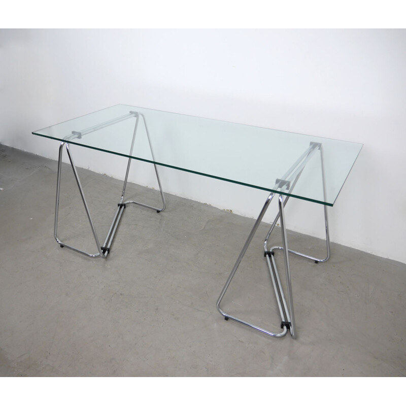 Bureau vintage en chrome et verre, Italie, 1970