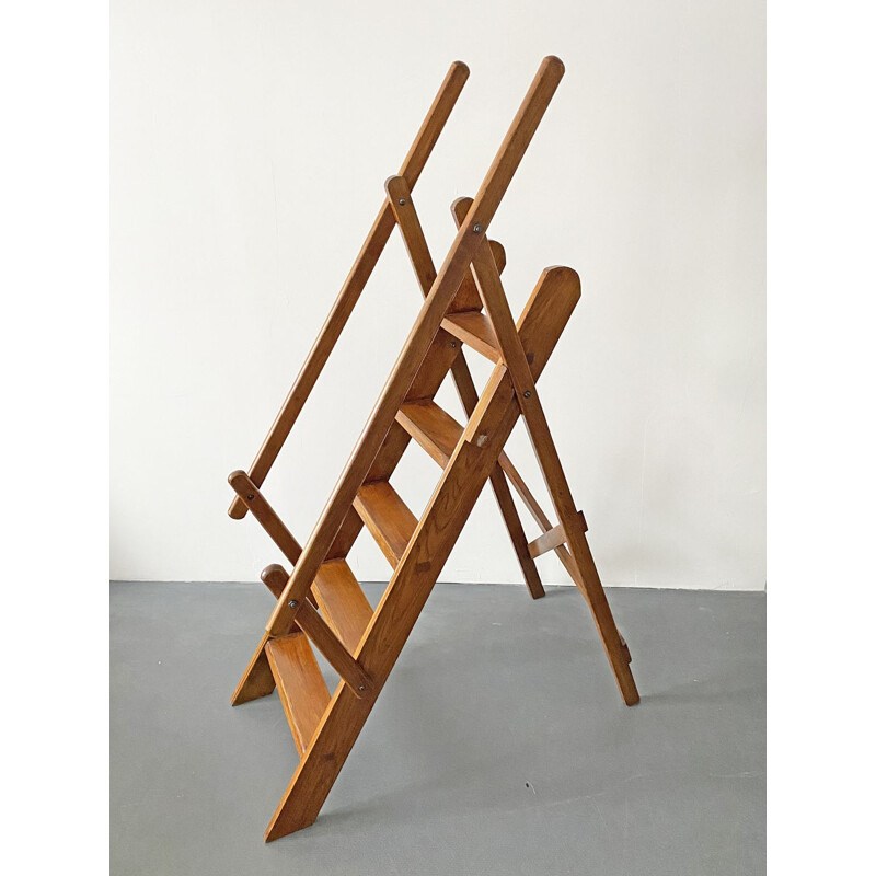 Vintage Library Manager Ladder Brown Beech Wood, France, 1970s