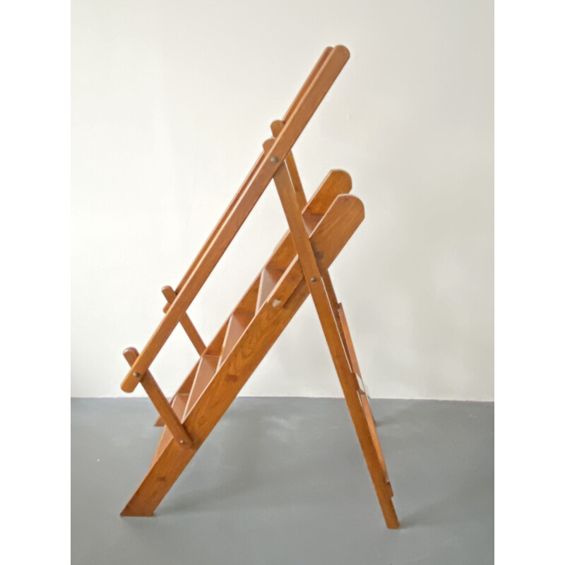 Vintage Library Manager Ladder Brown Beech Wood, France, 1970s