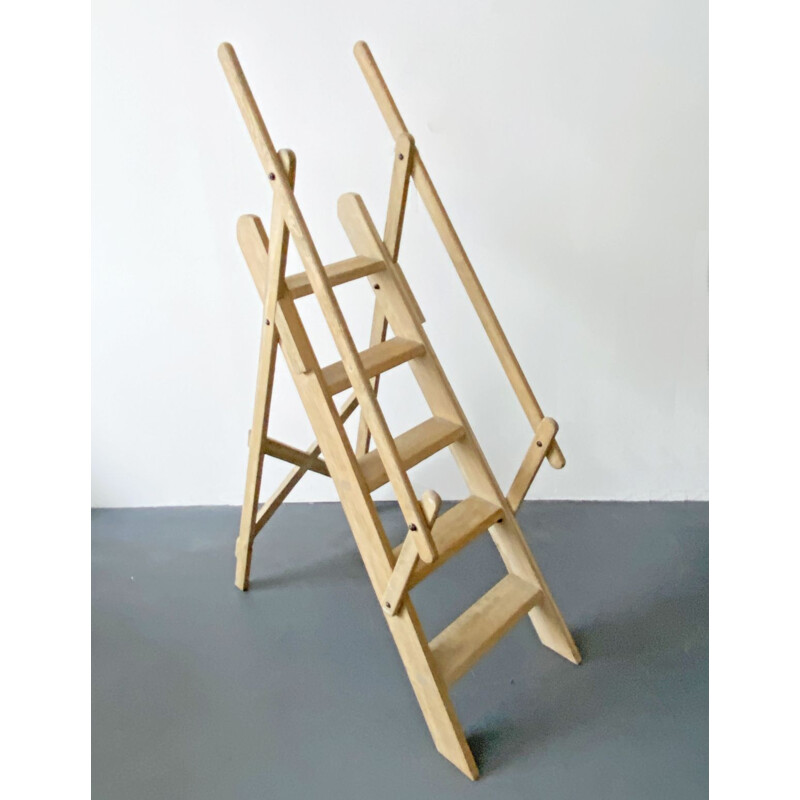 Vintage beech Wood Library Manager Ladder, France 1970s