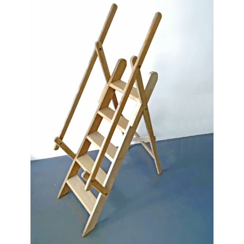 Vintage beech Wood Library Manager Ladder, France 1970s