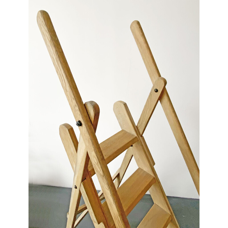 Vintage beech Wood Library Manager Ladder, France 1970s