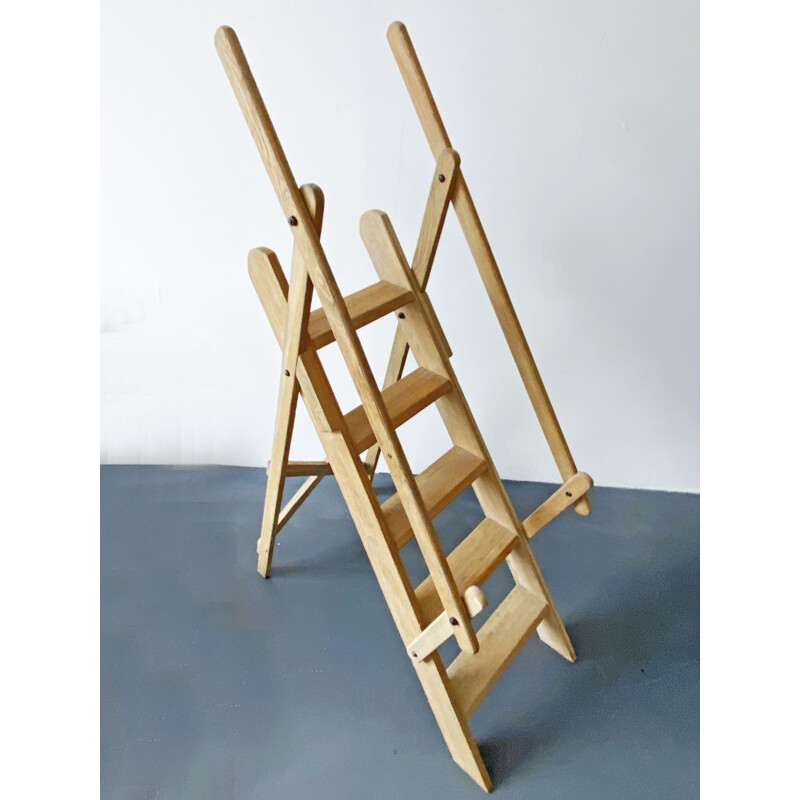 Vintage beech Wood Library Manager Ladder, France 1970s