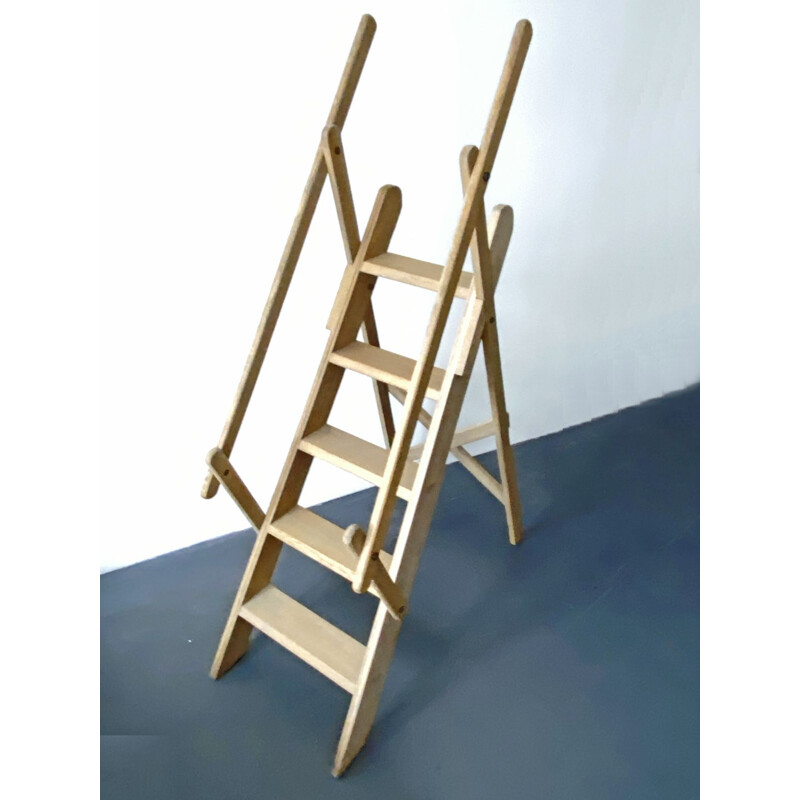 Vintage beech Wood Library Manager Ladder, France 1970s
