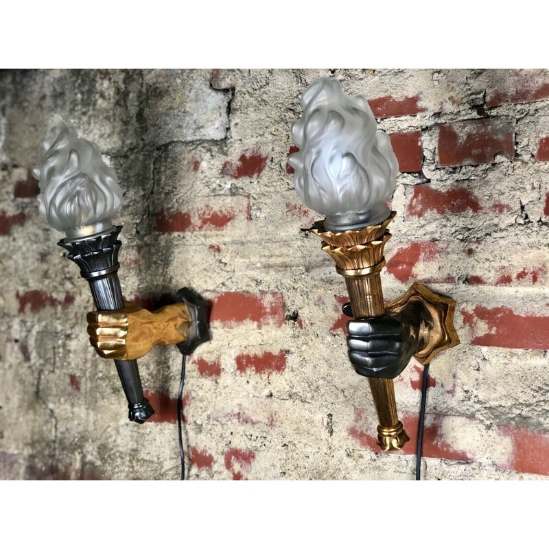 Pair of vintage Art Deco bronze wall lamps, 1960