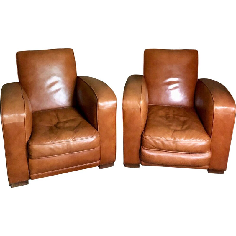 Pair of vintage club armchairs in camel leather, 1970