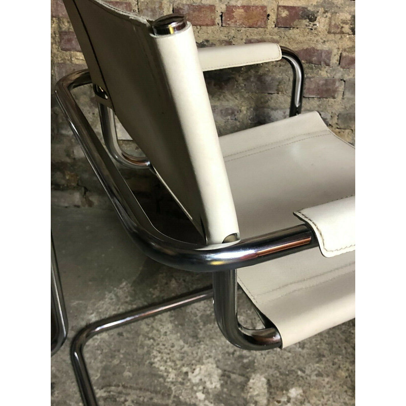Pair of vintage iron and white leather armchairs B 34 by Marcel Breuer 