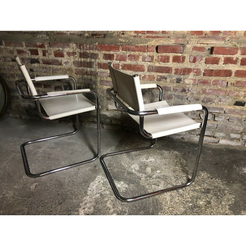 Pair of vintage iron and white leather armchairs B 34 by Marcel Breuer 