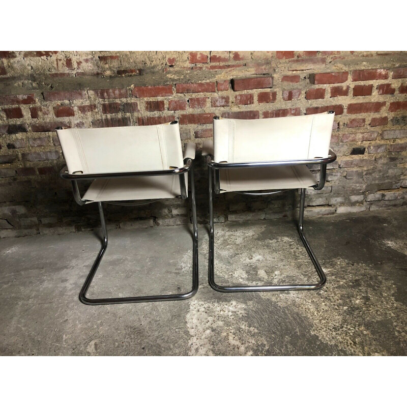 Pair of vintage iron and white leather armchairs B 34 by Marcel Breuer 